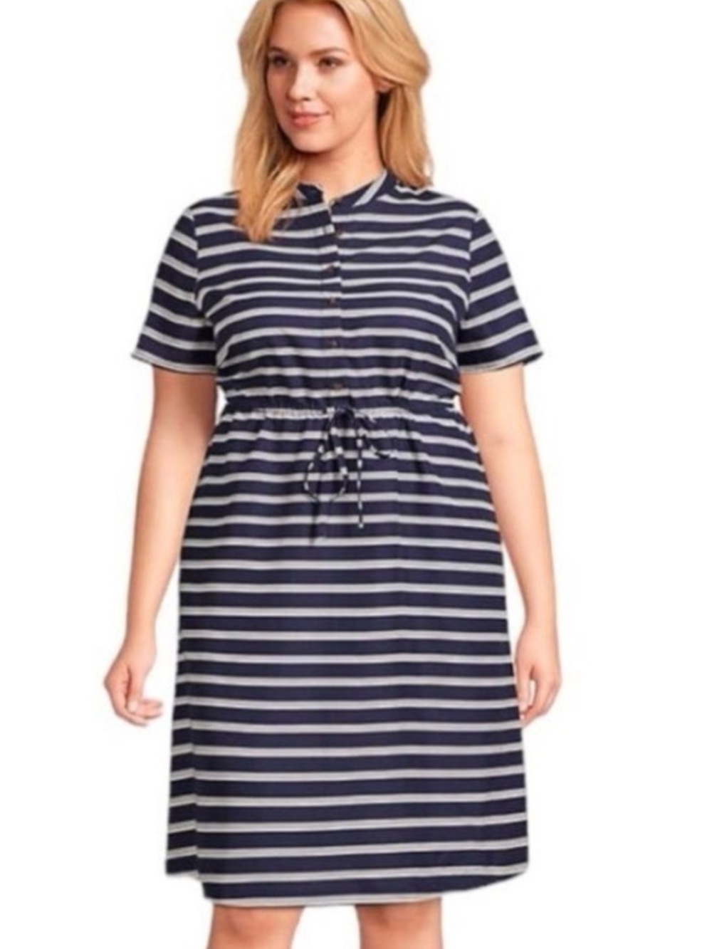 Lands' End Navy & White Striped Henley neck dress with Button Detail